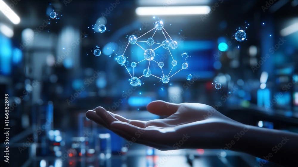 Poster a hand holds a floating molecular structure in a futuristic lab setting.