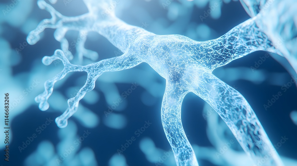 Poster a close-up view of a neuron cell, highlighting its intricate structure. this image represents the co