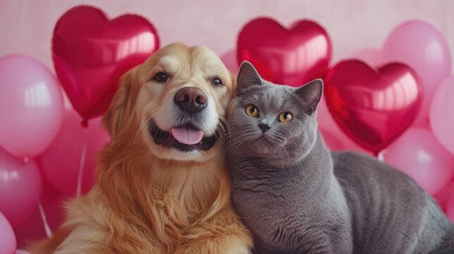 Golden retriever and gray cat posing among heart-shaped balloons in a pink backdrop. The 14th of February. Happy Valentine's Day