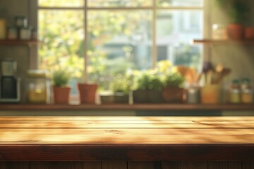 Fototapeta premium Empty wood table top on blur window sill and kitchen shelf background 