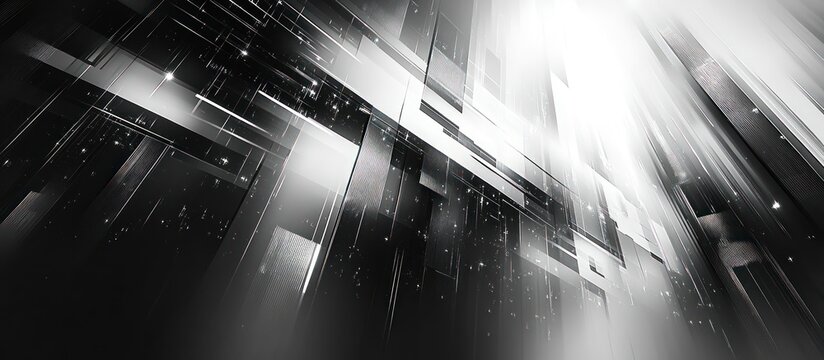 Abstract grayscale image of futuristic architecture, featuring intersecting geometric shapes and bright light source.