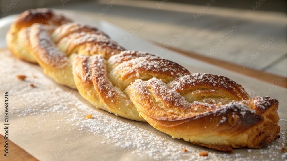 Aufkleber a golden braided pastry dusted with powdered sugar, creating a visually appealing and tempting treat
