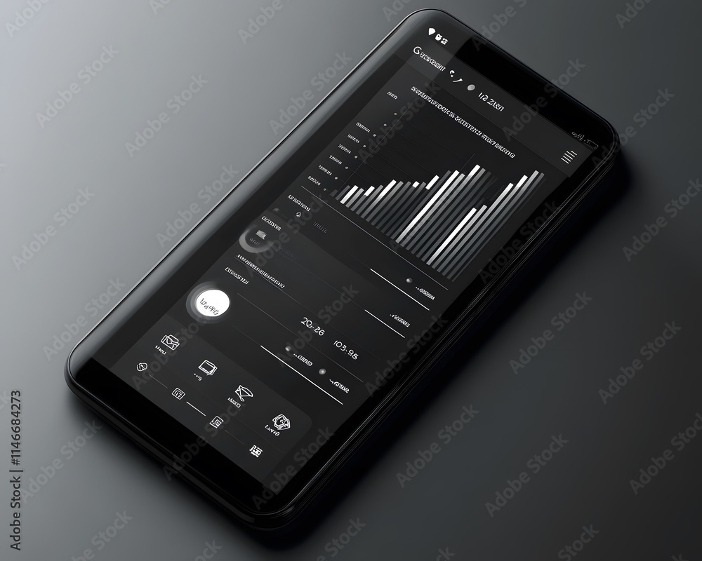 Poster a modern smartphone displaying analytical data on a sleek, dark interface, ideal for showcasing tech