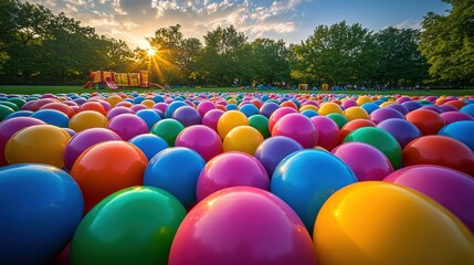 Colorful plastic balls in park at sunset.