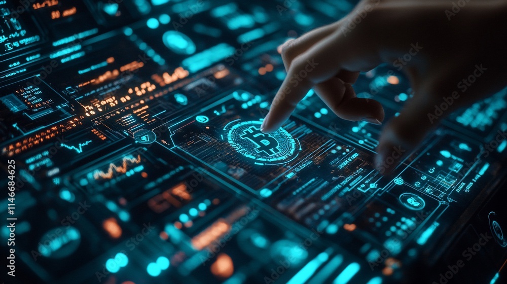 Poster a hand interacts with a digital interface displaying cryptocurrency data.