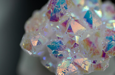 A rainbow aura quartz crystal cluster radiates vibrant, iridescent hues, combining natural beauty with mystical energy and gemstone brilliance, isolated in studio