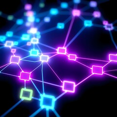 A vibrant abstract image of a neon network with interconnected nodes in various colors, illuminating a dark background.
