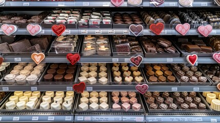 Variety of chocolates on display in supermarket aisle. The 14th of February. Happy Valentine's Day