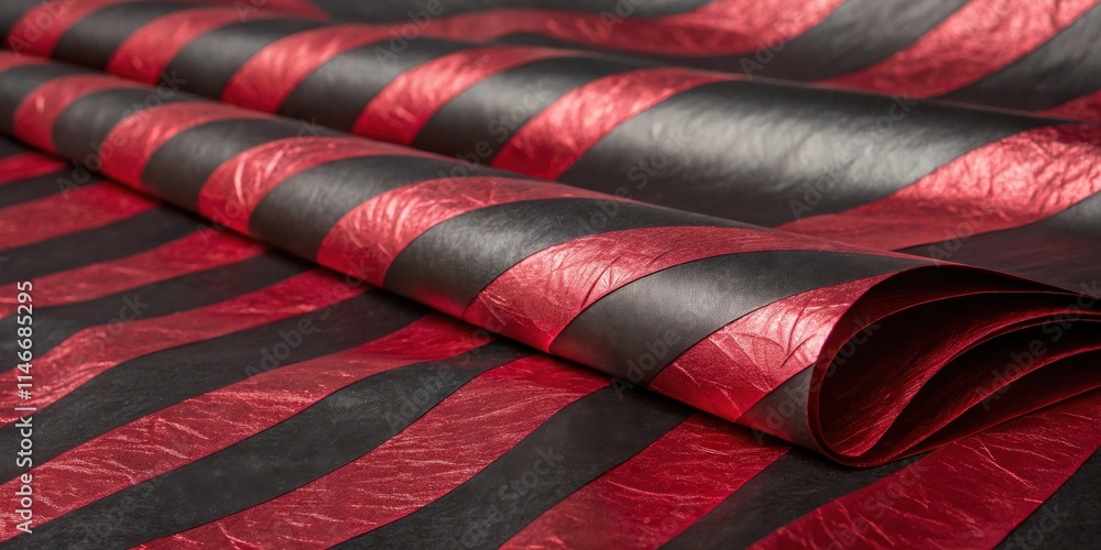 Poster a close-up shot of red and black striped fabric with a textured surface, folded in a soft wave, show