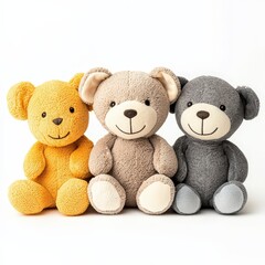 Fototapeta premium Adorable trio of plush teddy bears in yellow, beige, and gray, showcasing soft textures and cheerful charm. Perfect for themes of childhood, comfort, and playful decor.