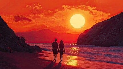 Silhouette of couple holding hands walking on beach at sunset.