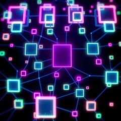 A vibrant abstract image of a neon network with interconnected nodes in various colors, illuminating a dark background.
