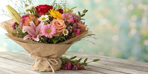 Obraz premium A vibrant bouquet of assorted flowers wrapped in brown paper, tied with twine, resting on a rustic wooden table with a soft, blurred background.