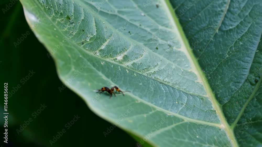 Poster insect interaction on a vibrant green leaf in a natural setting during daytime
