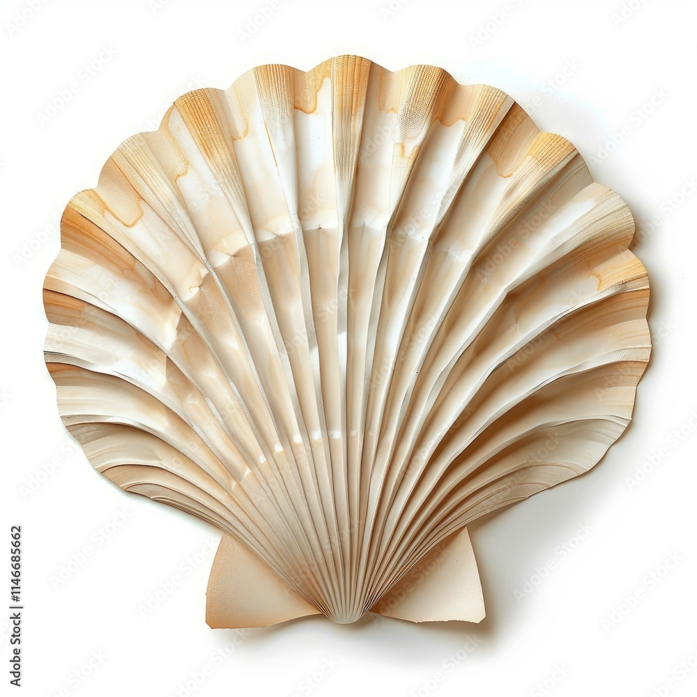 Poster beige seashell with vertical ridges lying on a white background, creating a simple yet elegant compo