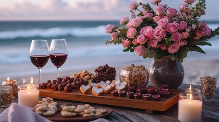 Romantic beach picnic at sunset with wine and desserts. The 14th of February. Happy Valentine's Day