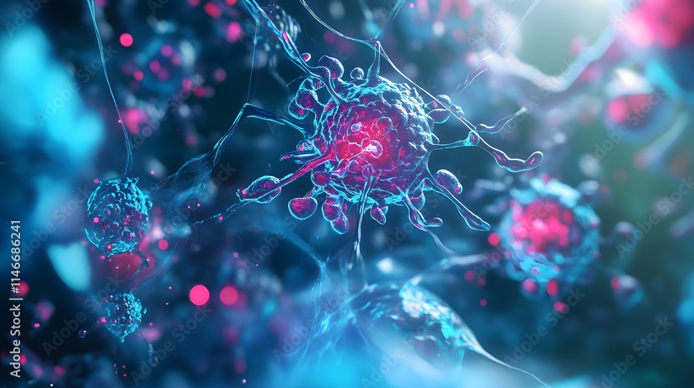 Poster abstract visualization of cellular structures, showcasing vibrant colors and intricate details of mi
