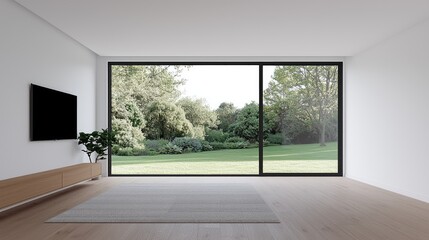Fototapeta premium Modern minimalist living room with large window showcasing a lush green garden.