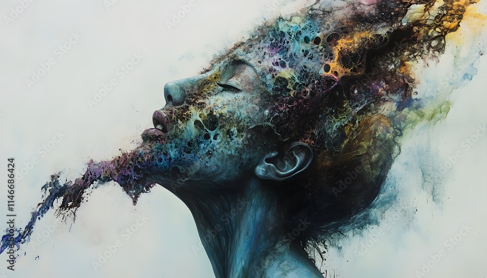 Poster an artistic representation of a woman's face blending into vibrant colors and abstract patterns, sym