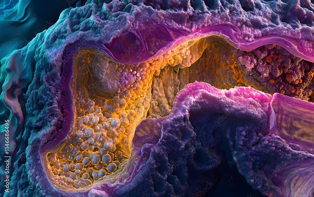 Poster an intricate and colorful microscopic view of a cellular structure, showcasing unique textures and p