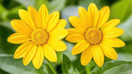 Two bright yellow flowers are in full bloom, surrounded by lush green foliage. Their vibrant petals create a cheerful atmosphere, typical of springtime gardens.