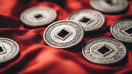 Obraz premium Ancient chinese coins on red silk fabric Happy Chinese New Year