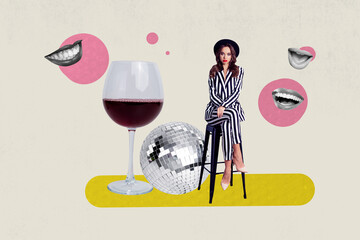 Composite photo collage of glamour girls sit chair disco ball occasion mouth smile joy wine glass...
