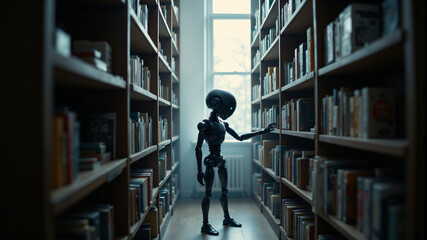 A curious robot stands in a library, exploring shelves filled with books, showcasing its unique design.