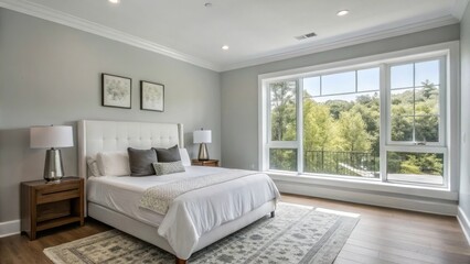 Fototapeta premium A serene bedroom with a large window overlooking a lush green canopy, white bedding, a cozy rug, and tasteful decor.