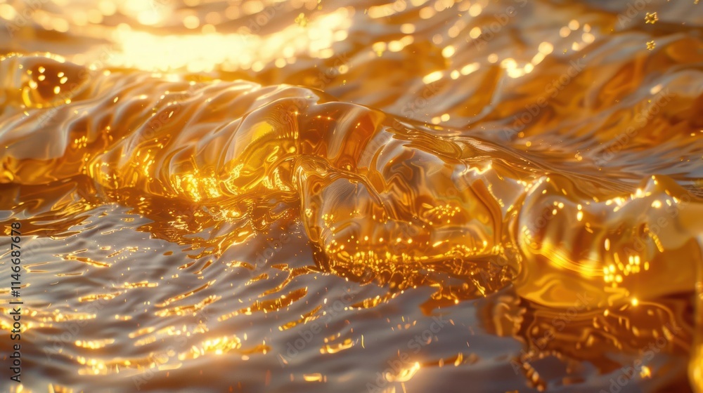 Poster a shimmering surface of golden liquid, reflecting light and creating a mesmerizing effect.