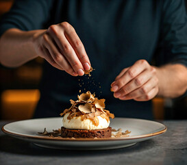 Truffle Flakes Falling on a Decadent Dessert