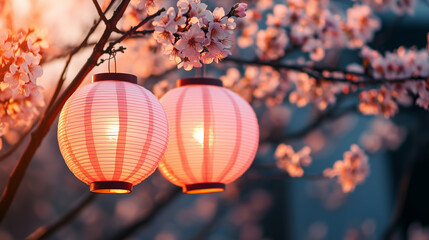 Fototapeta premium Lanterns hanging on the tree at dusk