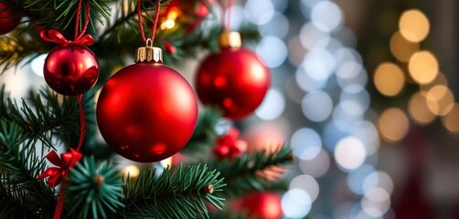 Obraz premium Close-up of Red Christmas Ornaments on a Decorated Fir Tree Branch with Festive Lights Blurred Background