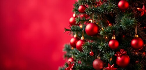 Fototapeta premium A Festive Christmas Tree Adorned with Sparkling Red Ornaments Against a Rich Red Background