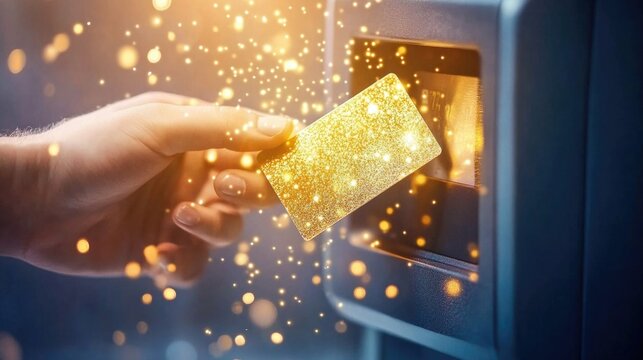 Hand with golden card in atm sparkling with magical effect