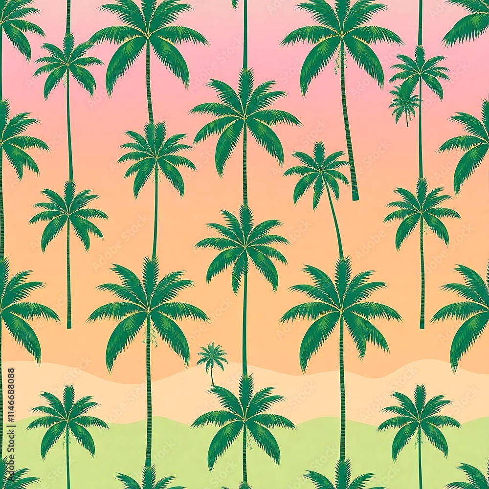 Poster tropical sunset pattern: palm trees sway gently against a vibrant sunset backdrop in this seamless p