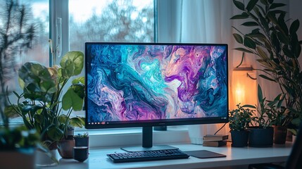 Fototapeta premium Vibrant abstract artwork displayed on a modern computer monitor, surrounded by houseplants on a white desk near a window.