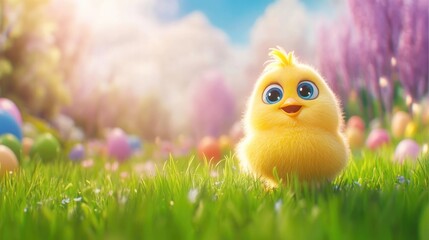 Adorable easter chick in lush spring meadow for festive card design