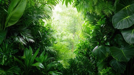 Fototapeta premium Lush green tropical foliage creates a natural frame, sunlight filtering through leaves.