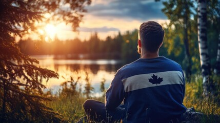 Peaceful reflection by a lakeside during canada's independence day celebration