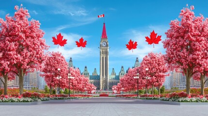 Celebrating canada day in ottawa's scenic parliament hill with red maple leaves