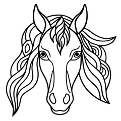 A horse head coloring page featuring a mandala pattern with intricate details