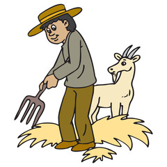 Cartoon character illustration of man feeds a sheep