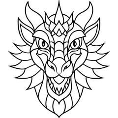 A dragon head coloring page featuring a mandala pattern with intricate details
