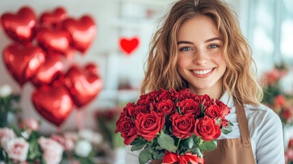 Smiling young caucasian woman holding red roses with heart balloons in the background. The 14th of February. Happy Valentine's Day