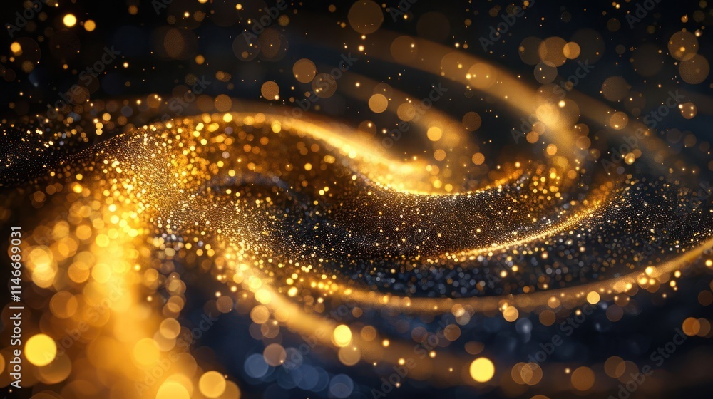 Poster a swirling pattern of golden particles creating a mesmerizing, abstract visual effect.