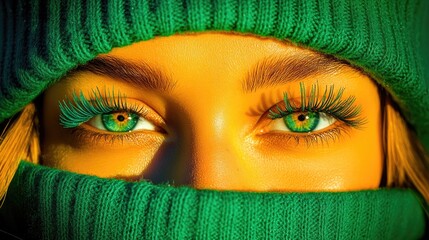 Woman with captivating green eyes wearing green beanie and sweater