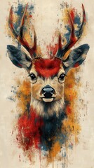 A vibrant, artistic depiction of a deer?s head, showcasing bold colors and expressive brushstrokes.