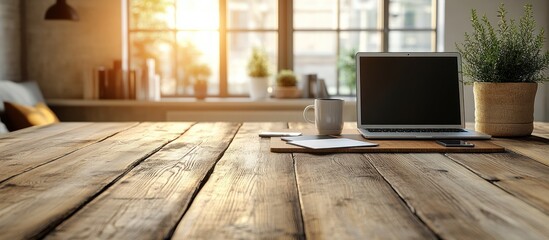 Rustic wooden desk with laptop, mug, and plant near window.