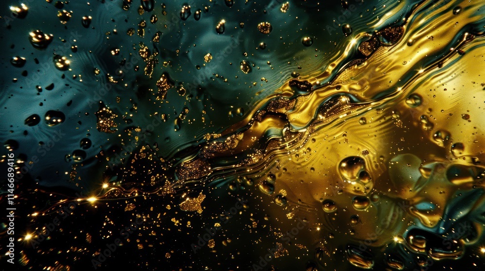 Poster an abstract depiction of fluid dynamics with golden and teal colors and bubbles.